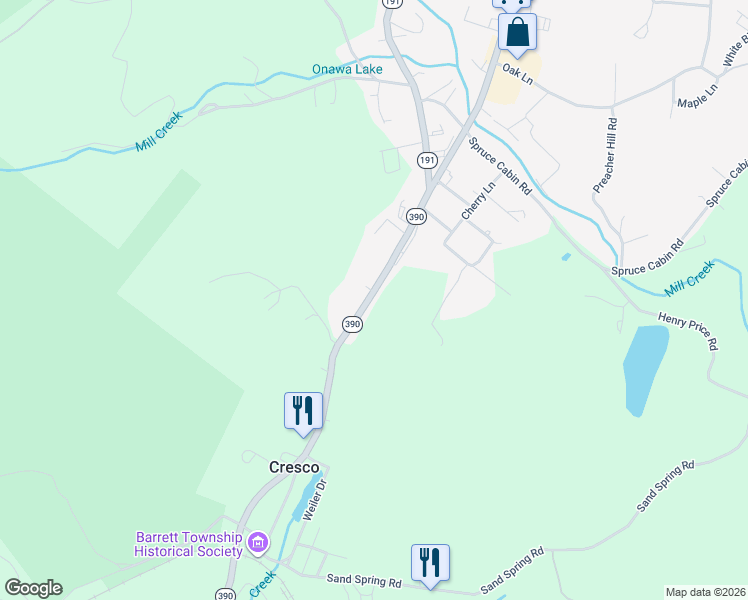 map of restaurants, bars, coffee shops, grocery stores, and more near 6603 Pennsylvania 191 in Cresco
