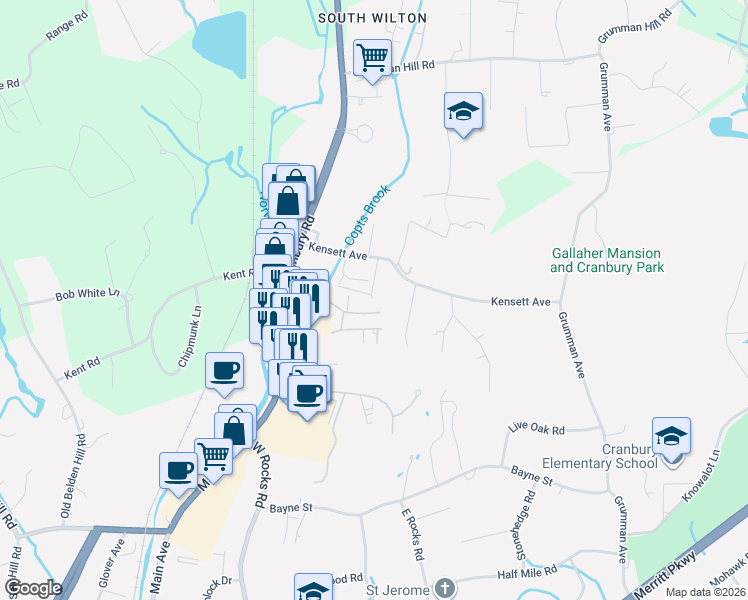 map of restaurants, bars, coffee shops, grocery stores, and more near 14 Great nor Lane in Wilton