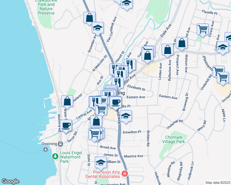 map of restaurants, bars, coffee shops, grocery stores, and more near in Ossining