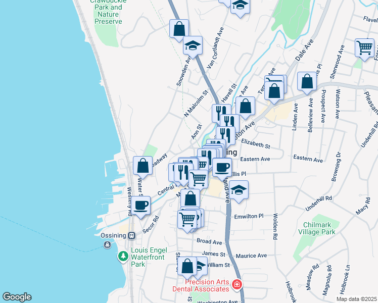 map of restaurants, bars, coffee shops, grocery stores, and more near 82 Broadway in Ossining