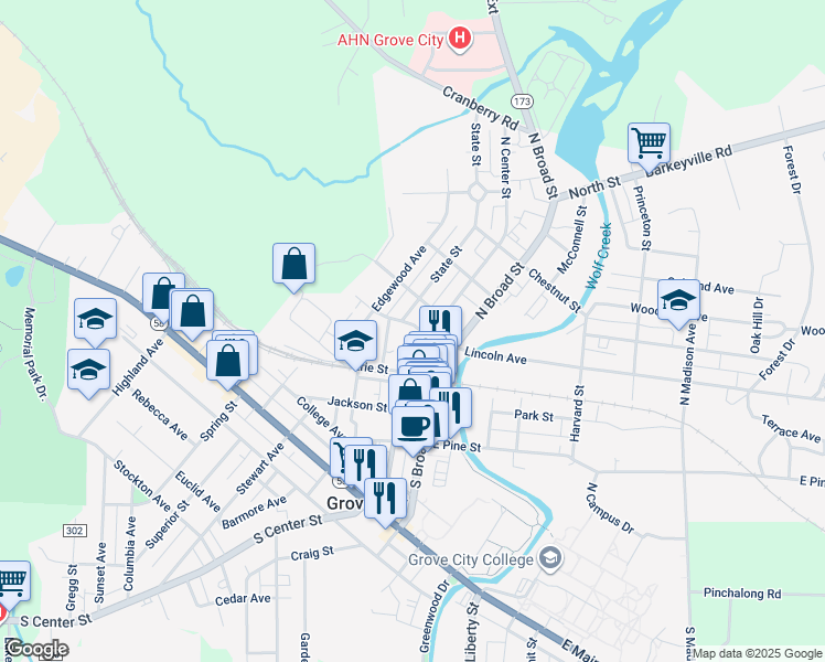 map of restaurants, bars, coffee shops, grocery stores, and more near 143 North Center Street in Grove City