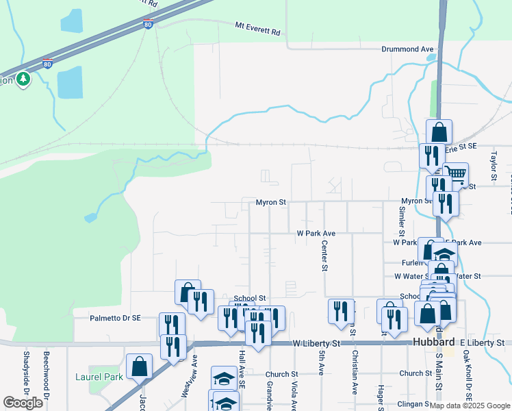 map of restaurants, bars, coffee shops, grocery stores, and more near 607 Myron Street in Hubbard