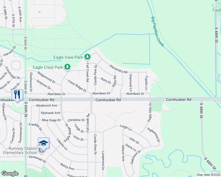 map of restaurants, bars, coffee shops, grocery stores, and more near 610 Ruby Road in Papillion