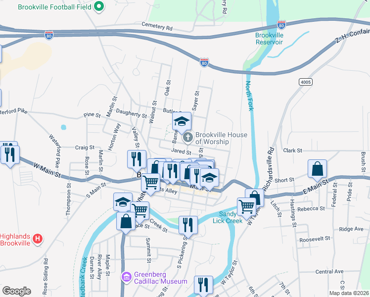 map of restaurants, bars, coffee shops, grocery stores, and more near 2-18 Sayer Street in Brookville