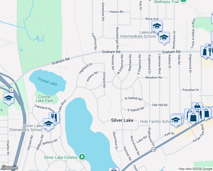 map of restaurants, bars, coffee shops, grocery stores, and more near 3088 Markle Drive in Silver Lake