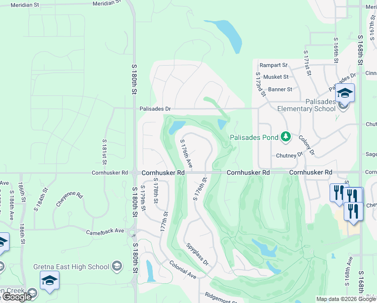 map of restaurants, bars, coffee shops, grocery stores, and more near 17616 Troon Circle in Omaha