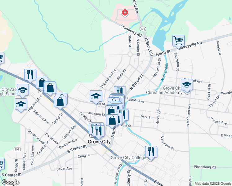 map of restaurants, bars, coffee shops, grocery stores, and more near 143 North Center Street in Grove City