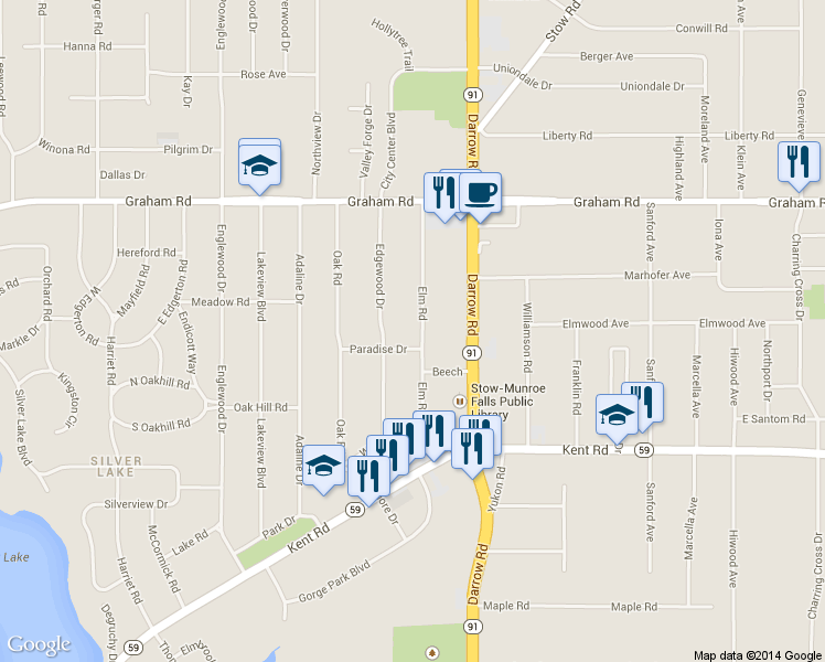 map of restaurants, bars, coffee shops, grocery stores, and more near 3652 Elm Road in Stow