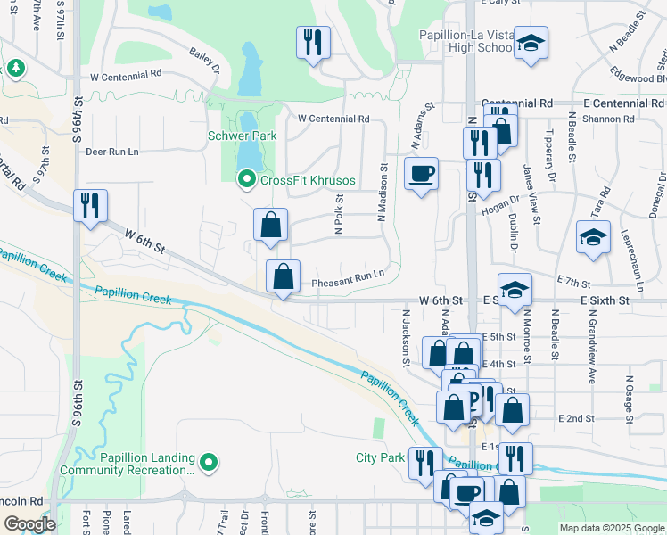 map of restaurants, bars, coffee shops, grocery stores, and more near 504 North Polk Circle in Papillion