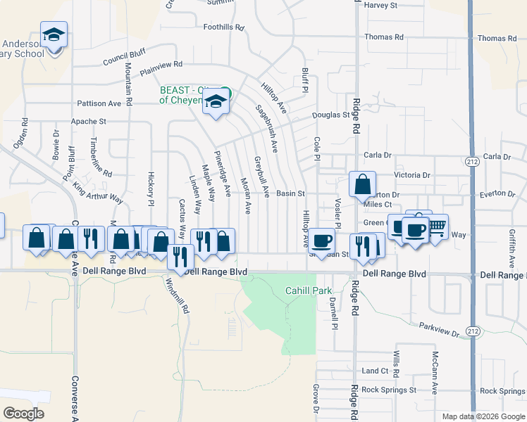 map of restaurants, bars, coffee shops, grocery stores, and more near 4760 Greybull Avenue in Cheyenne
