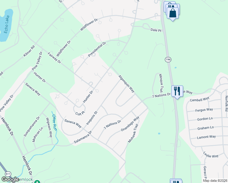 map of restaurants, bars, coffee shops, grocery stores, and more near 5123 Iroquois Street in Tobyhanna