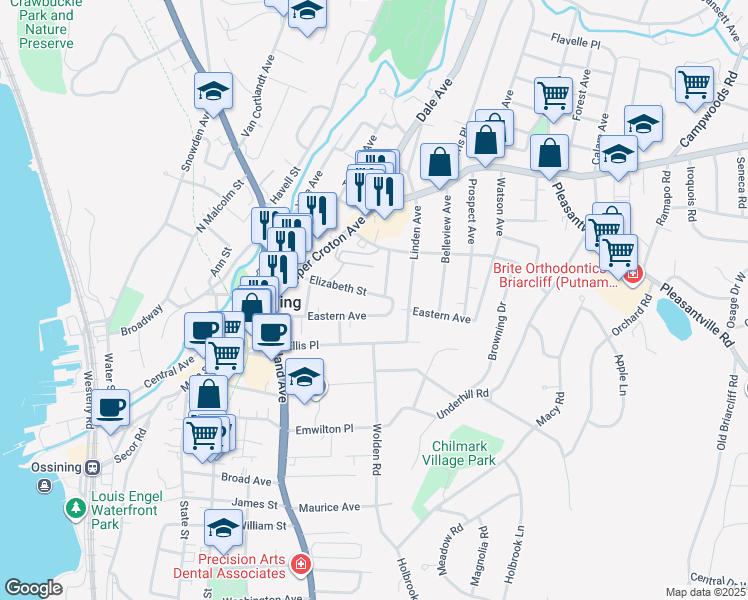 map of restaurants, bars, coffee shops, grocery stores, and more near 40 Elizabeth Street in Ossining