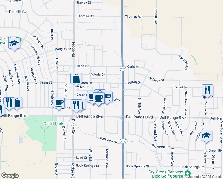 map of restaurants, bars, coffee shops, grocery stores, and more near 3803 Village View Ln in Cheyenne