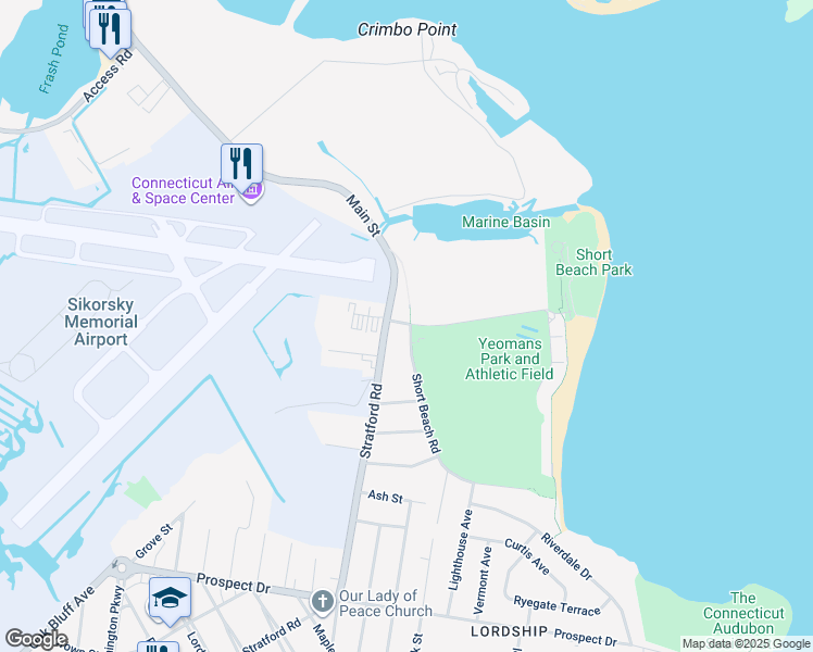 map of restaurants, bars, coffee shops, grocery stores, and more near 155 Short Beach Road in Stratford