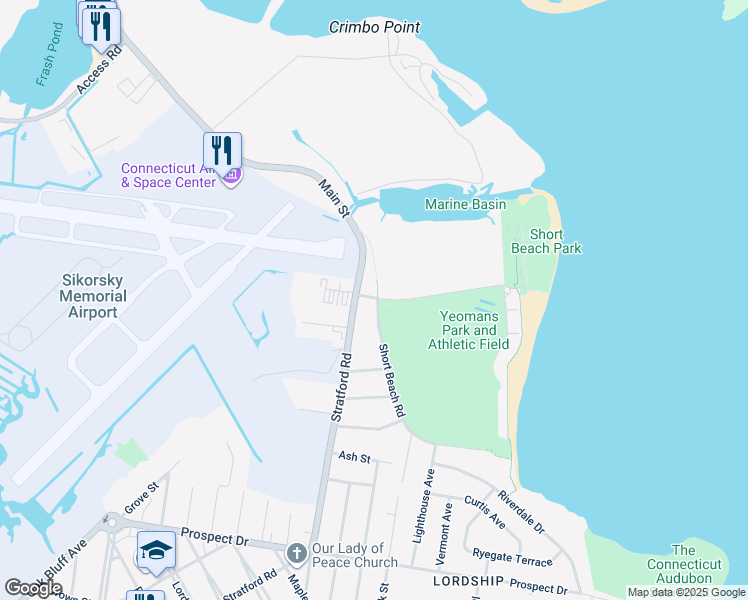 map of restaurants, bars, coffee shops, grocery stores, and more near 155 Short Beach Road in Stratford
