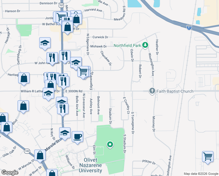 map of restaurants, bars, coffee shops, grocery stores, and more near 915 Armour Road in Bourbonnais