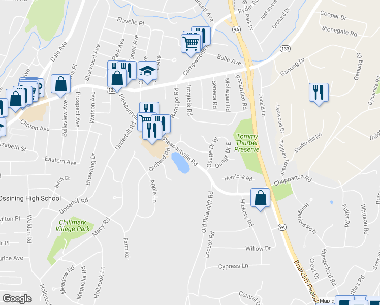 map of restaurants, bars, coffee shops, grocery stores, and more near 12 Susquehanna Road in Ossining