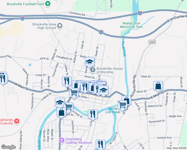 map of restaurants, bars, coffee shops, grocery stores, and more near 225 Church Street in Brookville