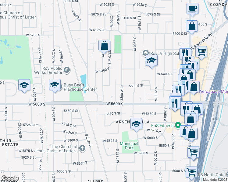 map of restaurants, bars, coffee shops, grocery stores, and more near 5531 South 2350 West in Roy