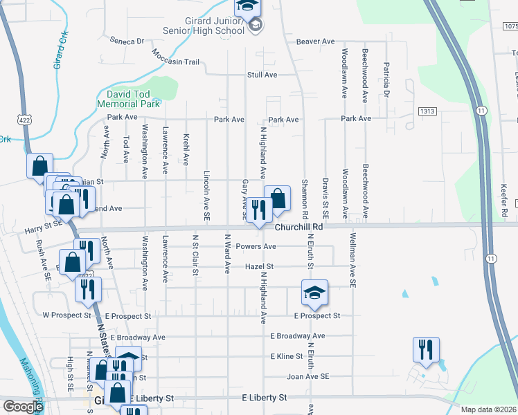 map of restaurants, bars, coffee shops, grocery stores, and more near 828 North Highland Avenue in Girard