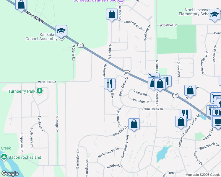 map of restaurants, bars, coffee shops, grocery stores, and more near 1355 Mill Pond Road in Bourbonnais