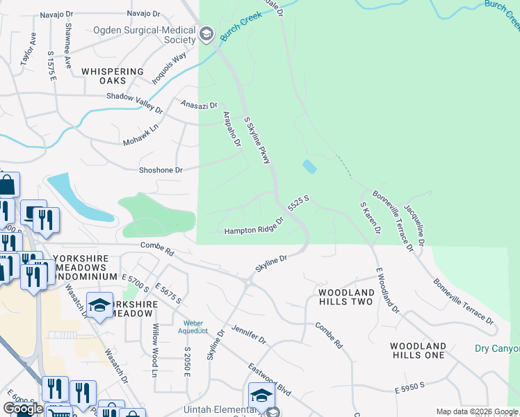 map of restaurants, bars, coffee shops, grocery stores, and more near 5518 Chokecherry Court in Ogden