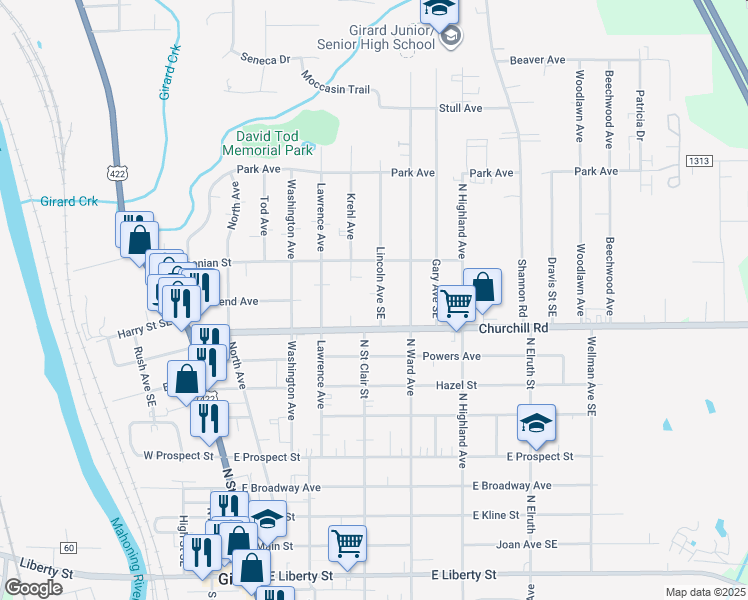 map of restaurants, bars, coffee shops, grocery stores, and more near 830 Lincoln Avenue Southeast in Girard