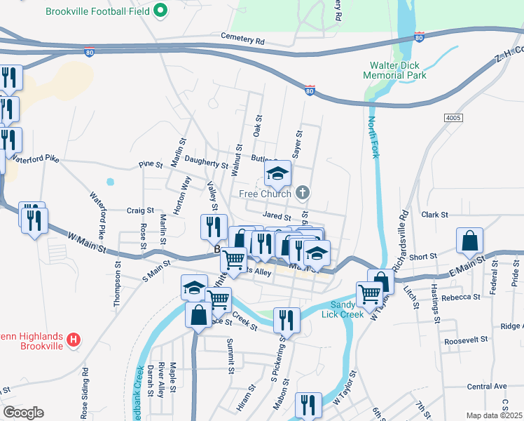 map of restaurants, bars, coffee shops, grocery stores, and more near 199 Barnett Street in Brookville