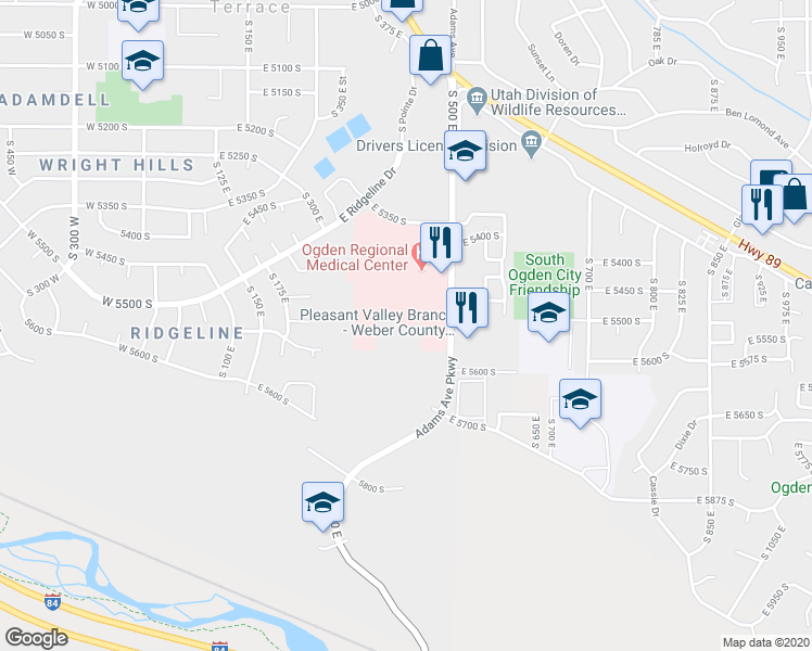 map of restaurants, bars, coffee shops, grocery stores, and more near 5475 Adams Ave Pkwy in Ogden