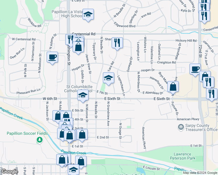 map of restaurants, bars, coffee shops, grocery stores, and more near 700 Tara Road in Papillion
