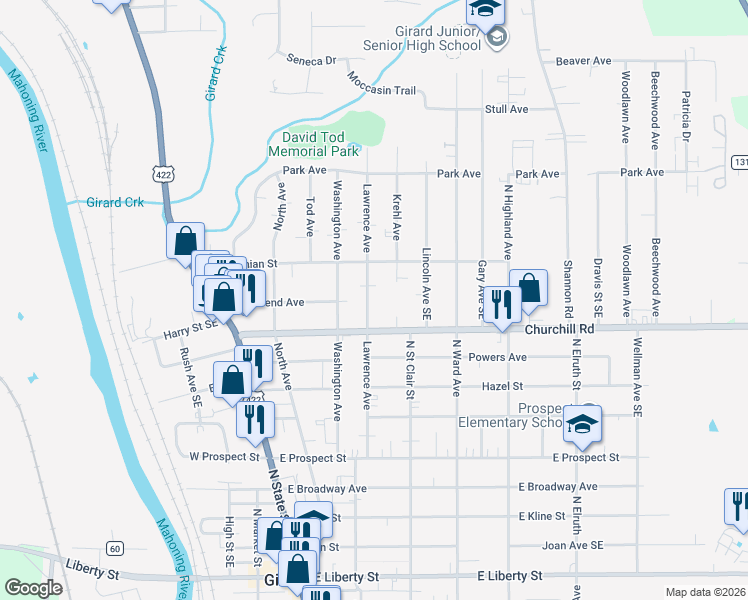 map of restaurants, bars, coffee shops, grocery stores, and more near 833 Lawrence Avenue in Girard