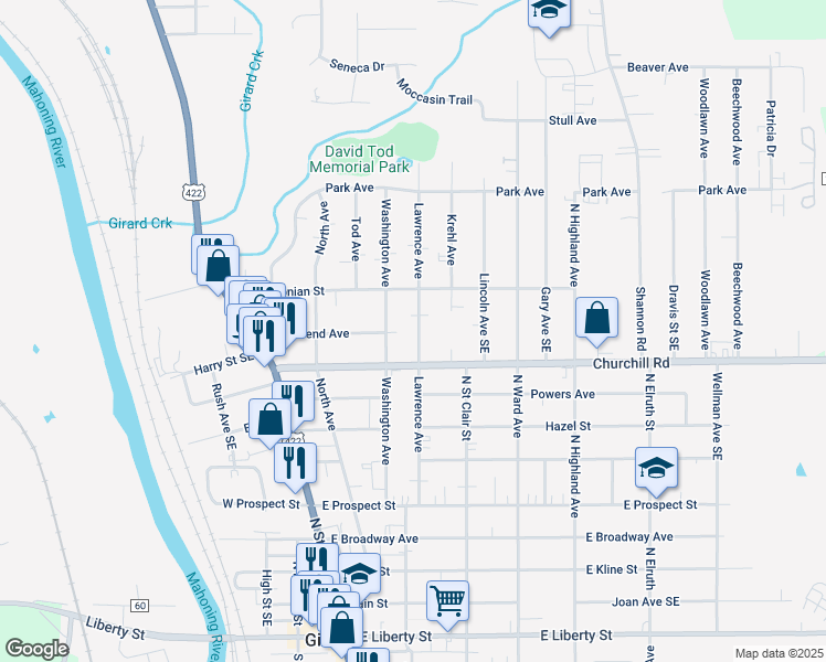 map of restaurants, bars, coffee shops, grocery stores, and more near 832 Lawrence Avenue in Girard