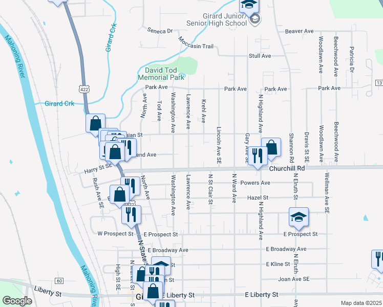 map of restaurants, bars, coffee shops, grocery stores, and more near 836 Lawrence Avenue in Girard