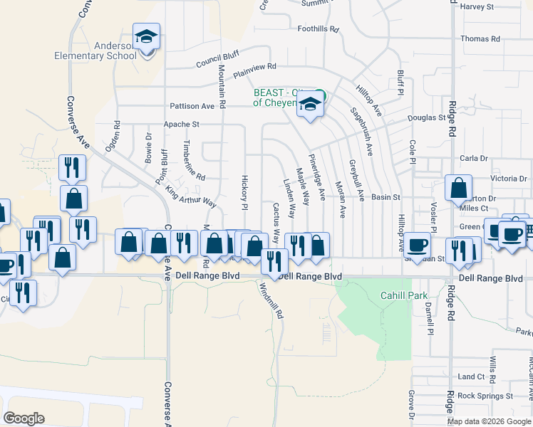 map of restaurants, bars, coffee shops, grocery stores, and more near 4763 Windmill Rd in Cheyenne