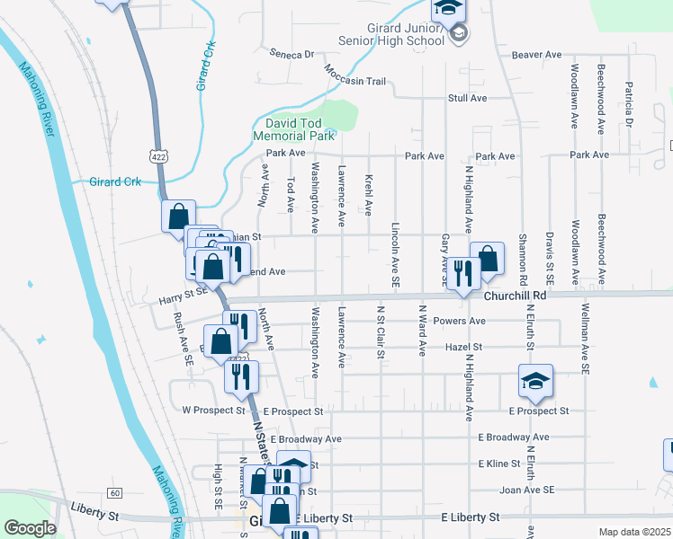 map of restaurants, bars, coffee shops, grocery stores, and more near 832 Lawrence Avenue in Girard