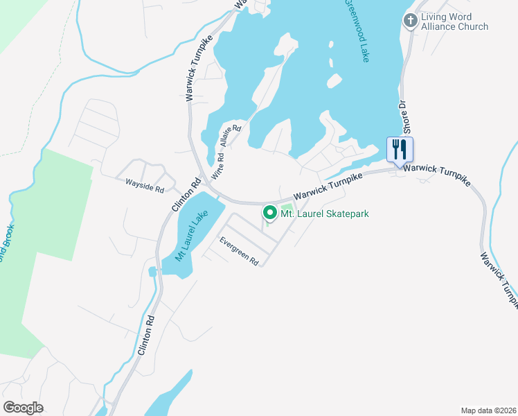 map of restaurants, bars, coffee shops, grocery stores, and more near 453 Warwick Turnpike in West Milford