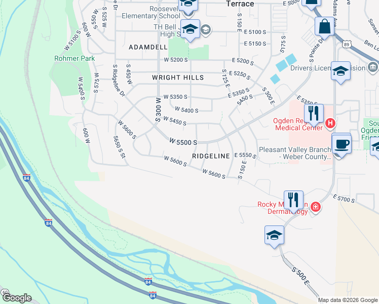 map of restaurants, bars, coffee shops, grocery stores, and more near 5529 South 150 West in Ogden