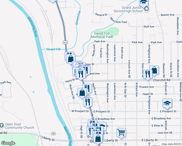 map of restaurants, bars, coffee shops, grocery stores, and more near 114 Townsend Avenue in Girard