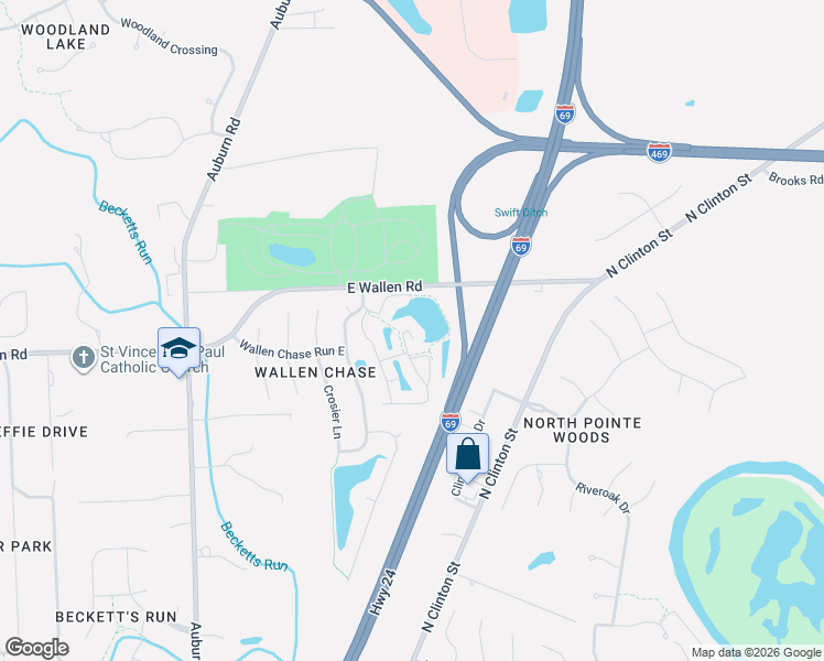 map of restaurants, bars, coffee shops, grocery stores, and more near 2439 Reef Court in Fort Wayne