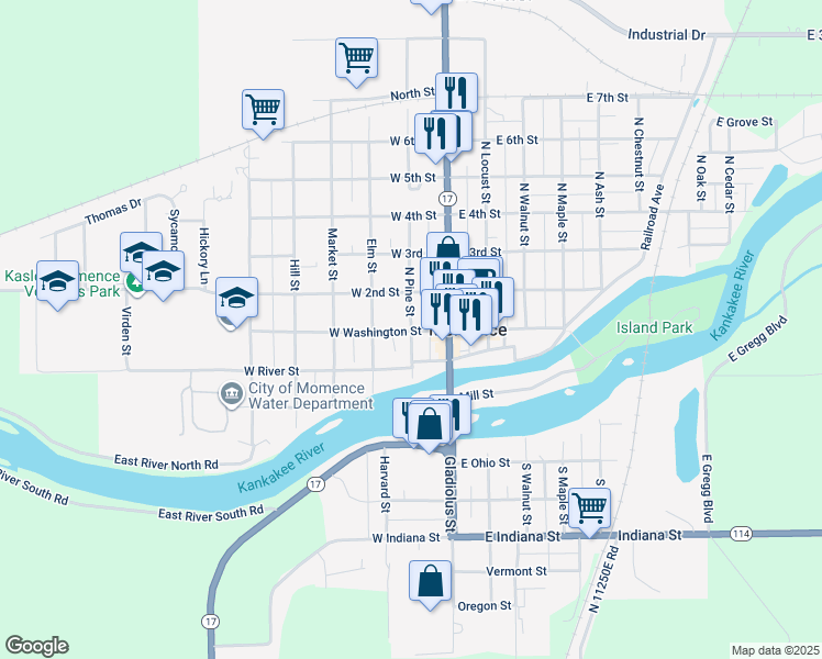 map of restaurants, bars, coffee shops, grocery stores, and more near 200 W Washington St in Momence