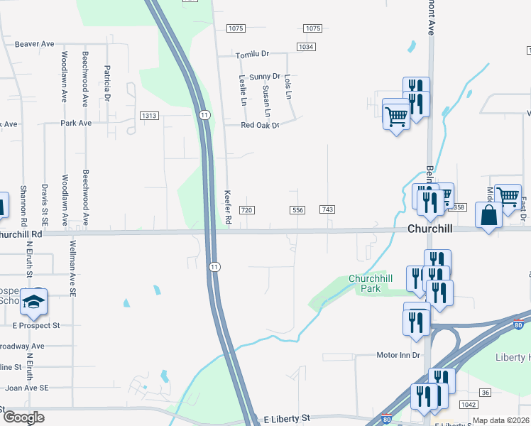 map of restaurants, bars, coffee shops, grocery stores, and more near 1440 Churchill Hubbard Road in Youngstown
