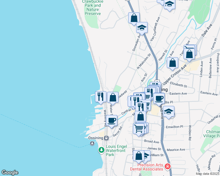 map of restaurants, bars, coffee shops, grocery stores, and more near 2 North Water Street in Ossining