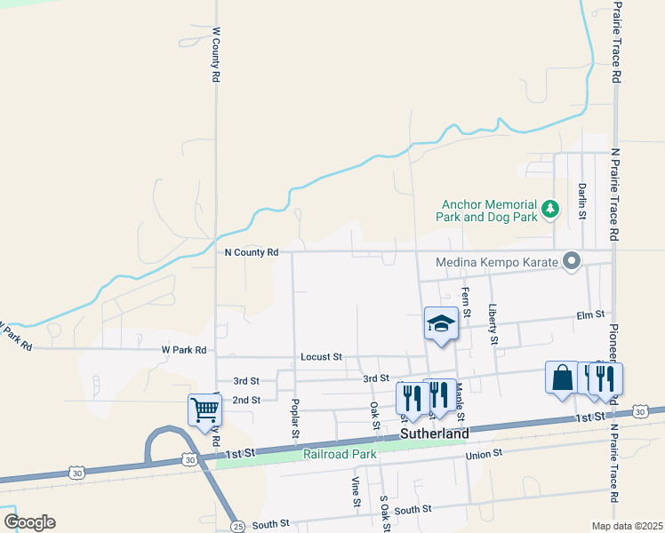 map of restaurants, bars, coffee shops, grocery stores, and more near 1109-1263 North County Road in Sutherland