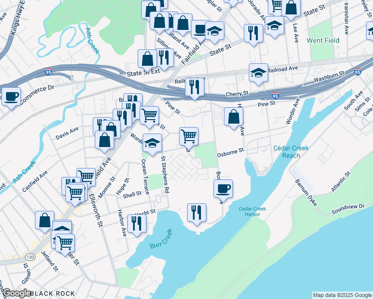 map of restaurants, bars, coffee shops, grocery stores, and more near 471 Bird Street in Bridgeport