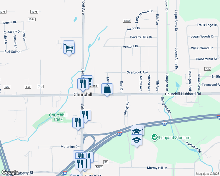 map of restaurants, bars, coffee shops, grocery stores, and more near 4523 Middle Road in Youngstown