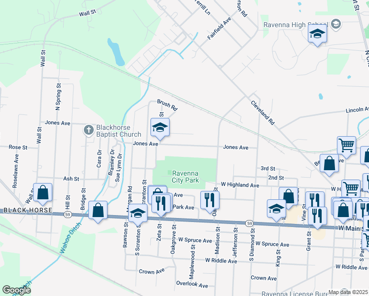 map of restaurants, bars, coffee shops, grocery stores, and more near 895 Jones Avenue in Ravenna
