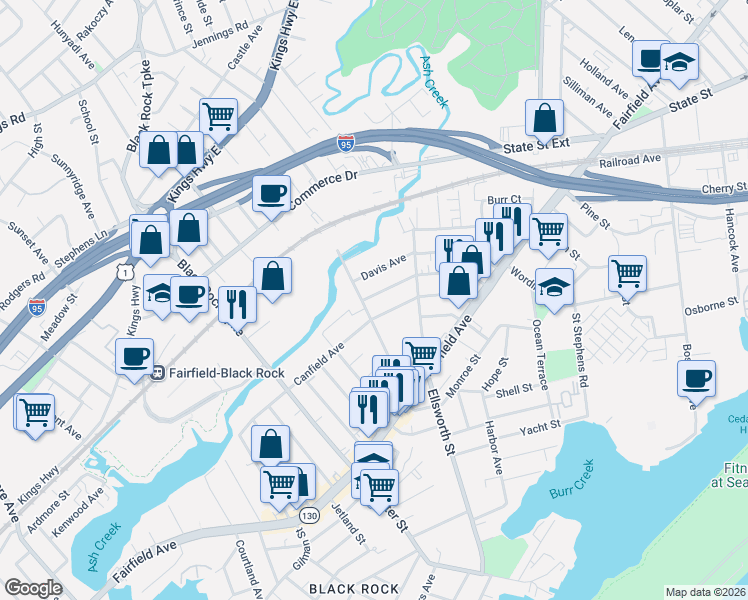map of restaurants, bars, coffee shops, grocery stores, and more near 287 Hansen Avenue in Bridgeport