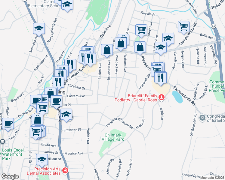 map of restaurants, bars, coffee shops, grocery stores, and more near 74 Prospect Avenue in Ossining
