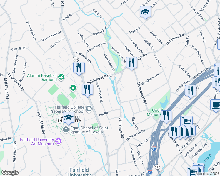 map of restaurants, bars, coffee shops, grocery stores, and more near 1420 Jennings Road in Fairfield