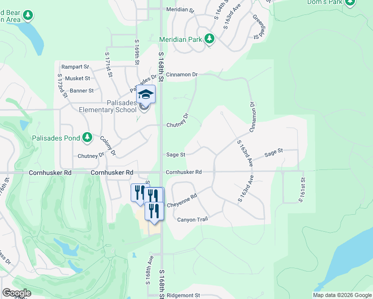 map of restaurants, bars, coffee shops, grocery stores, and more near 16710 Sage Street in Omaha